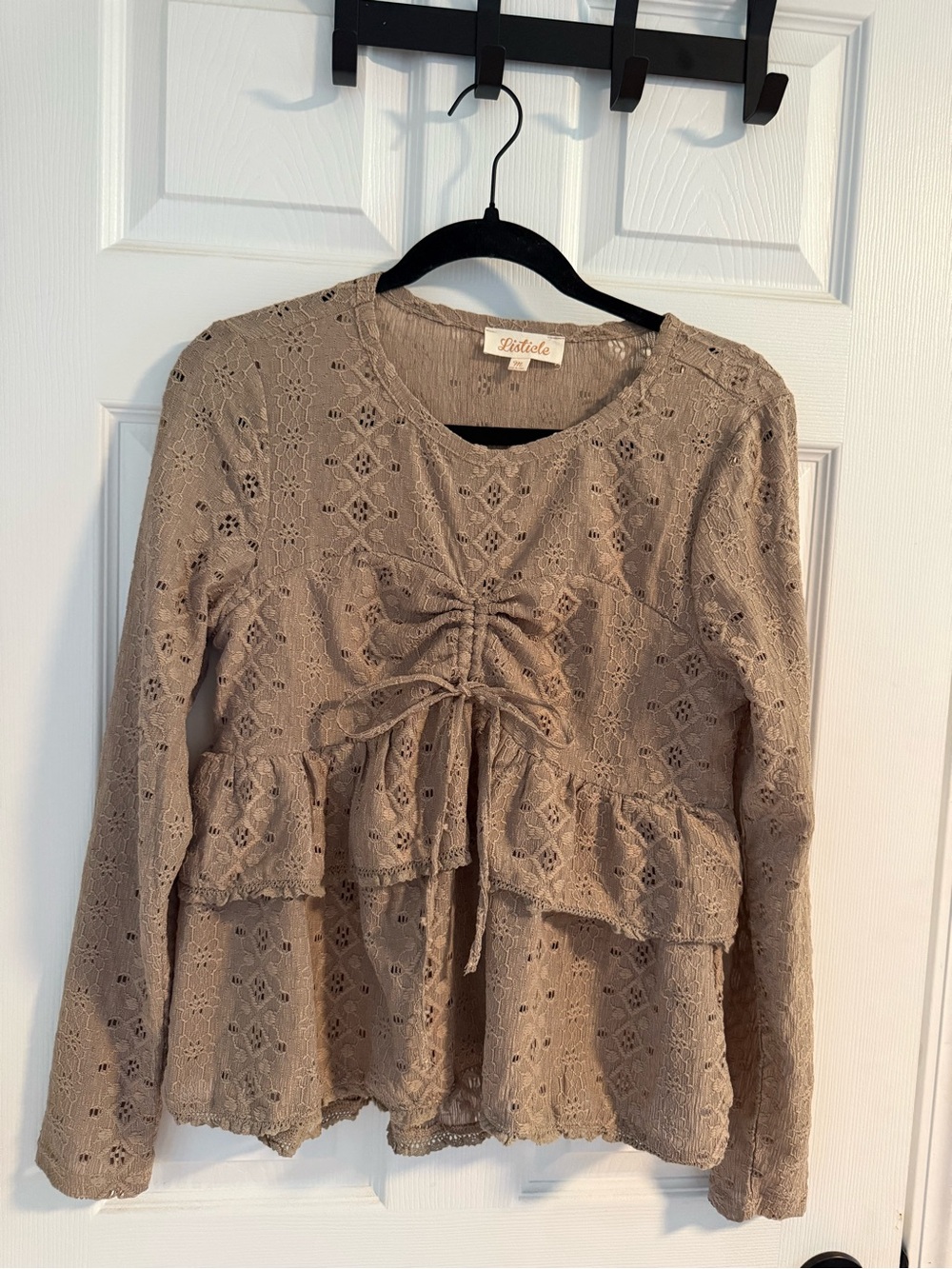 Listicle Taupe Lace Peplum Tie-Front Blouse